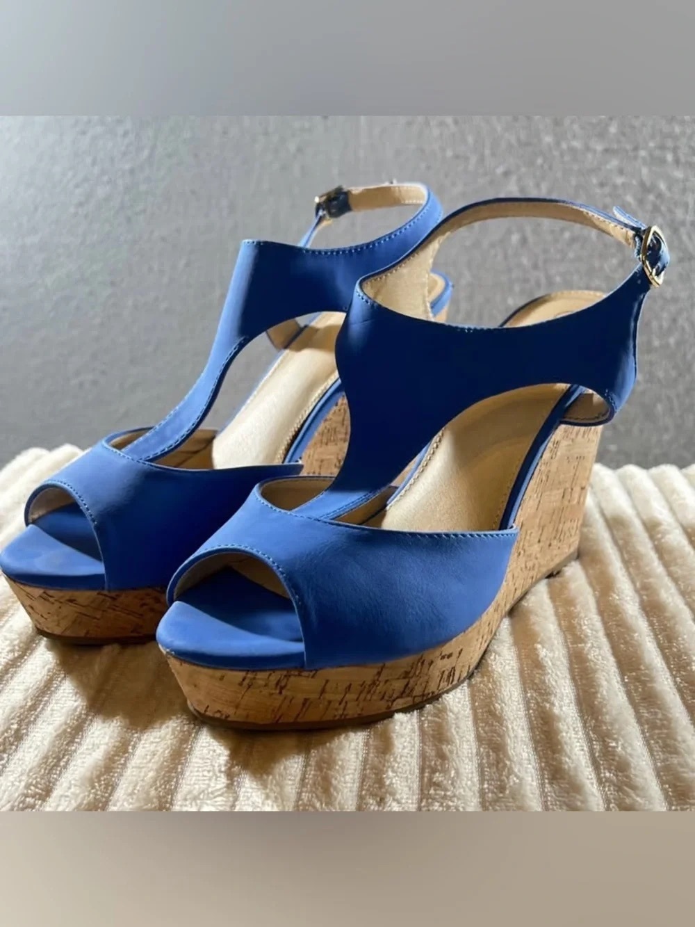 Time and Tru Royal Blue Cork Wedge Sandals with Ankle Buckle